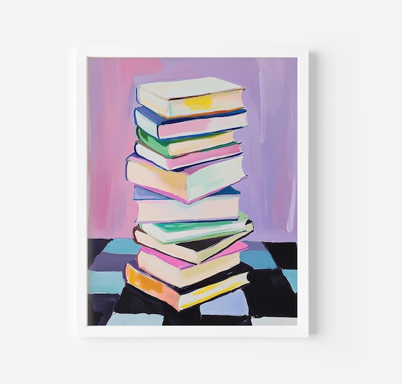 Stack Of Colorful Books On Checkered Floor Retro Style Art Poster