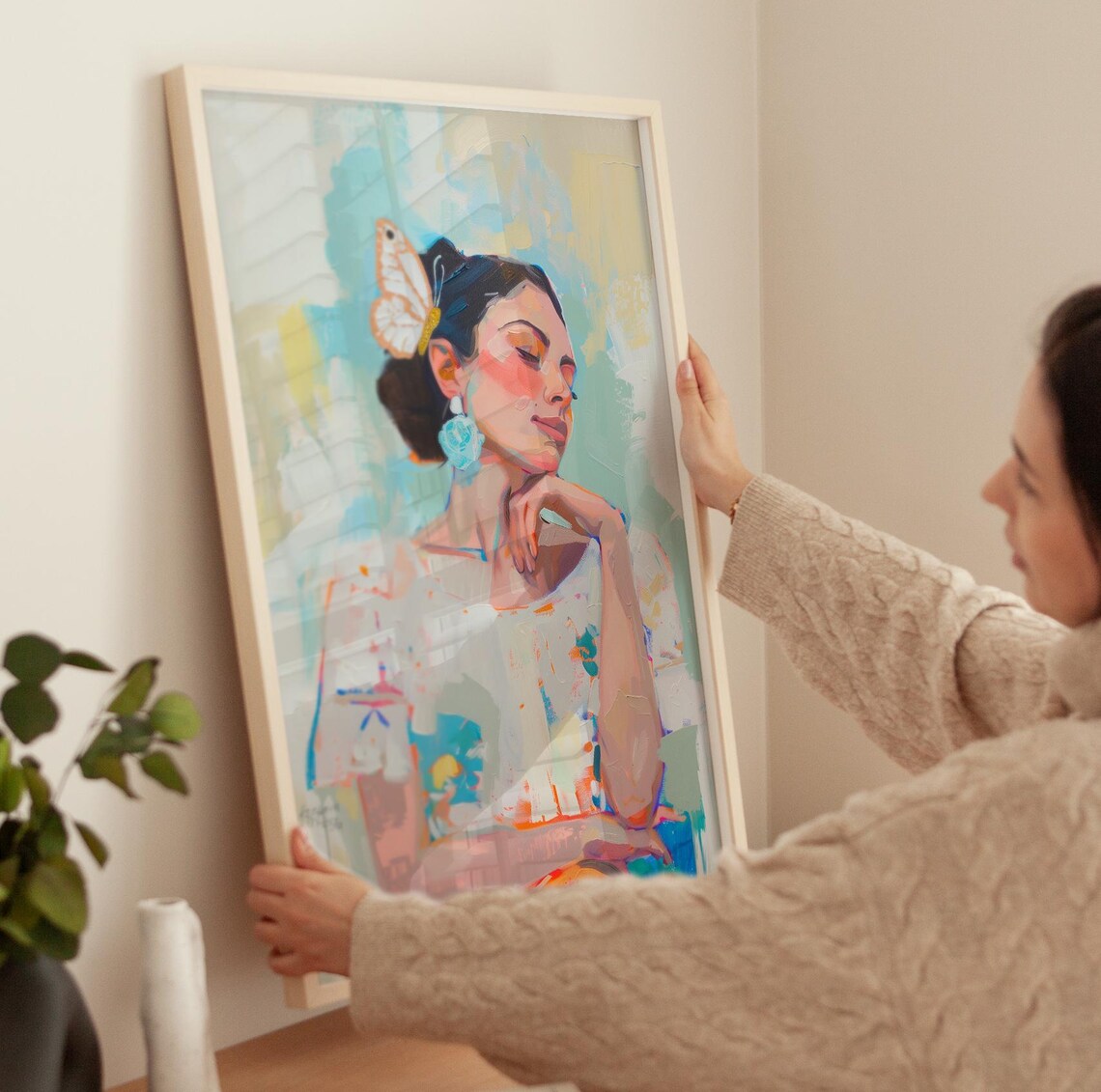 Dreamy Woman Portrait With Butterfly Soft Pastel Floral Art Poster - Image 3