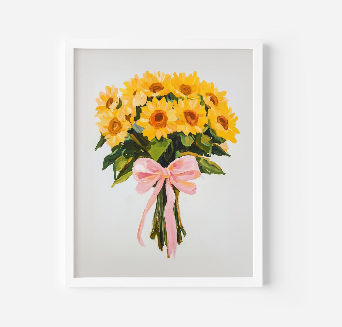 Yellow Sunflowers In A Pink Bow Painting Valentines Daisy Bouquet Floral Wall Art Print Girly Flower Black Eyed Susan Painting