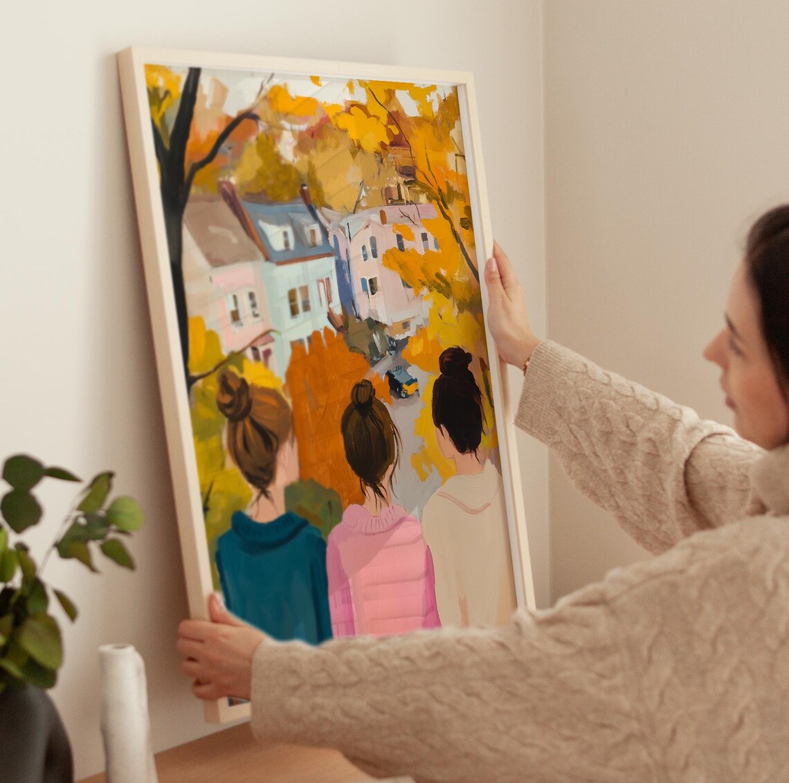 Three Girls Watching Autumn Leaves Over City Street Fall Art Poster - Image 3