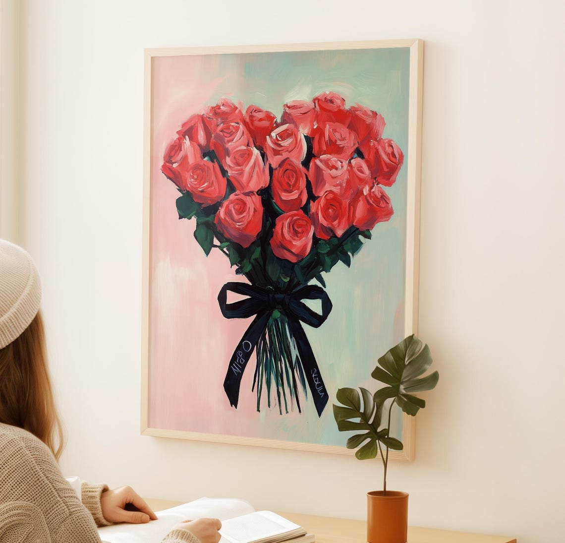 Pink Roses Bouquet Black Ribbon Bow Romantic Floral Gift Wall Poster - Image 2