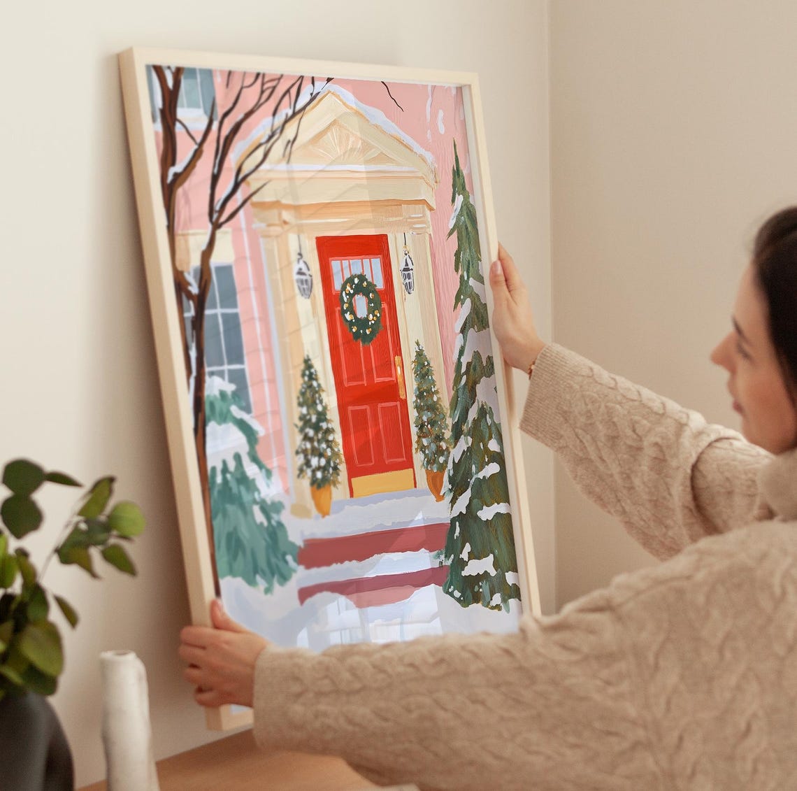 Red Door Christmas Wreath Cozy Snowy Home Painting Art Poster - Image 3