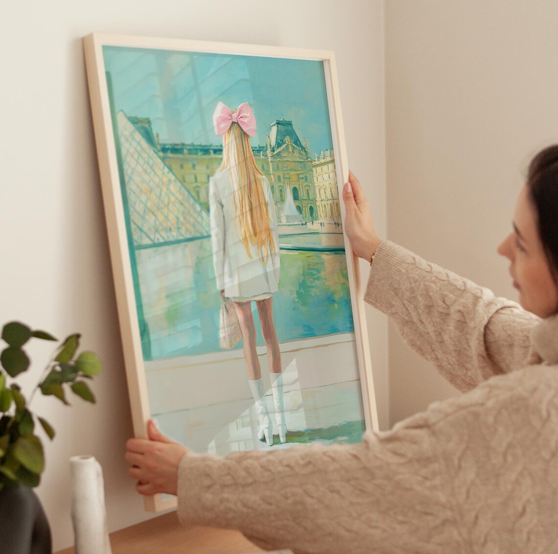 Paris Girl With Pink Bow At Louvre Museum Pyramid Art Poster