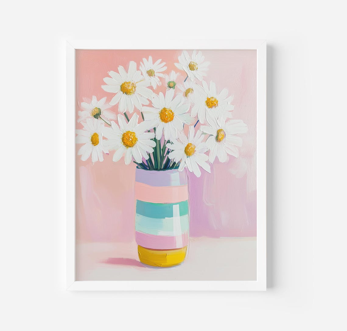 White Daisies In Striped Pastel Vase Pink Floral Painting Poster