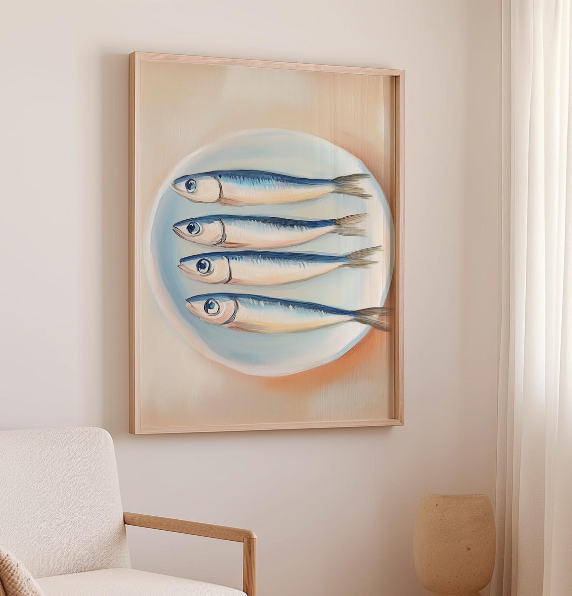 Four Sardines On Blue Plate Retro Seafood Kitchen Painting Poster - Image 2