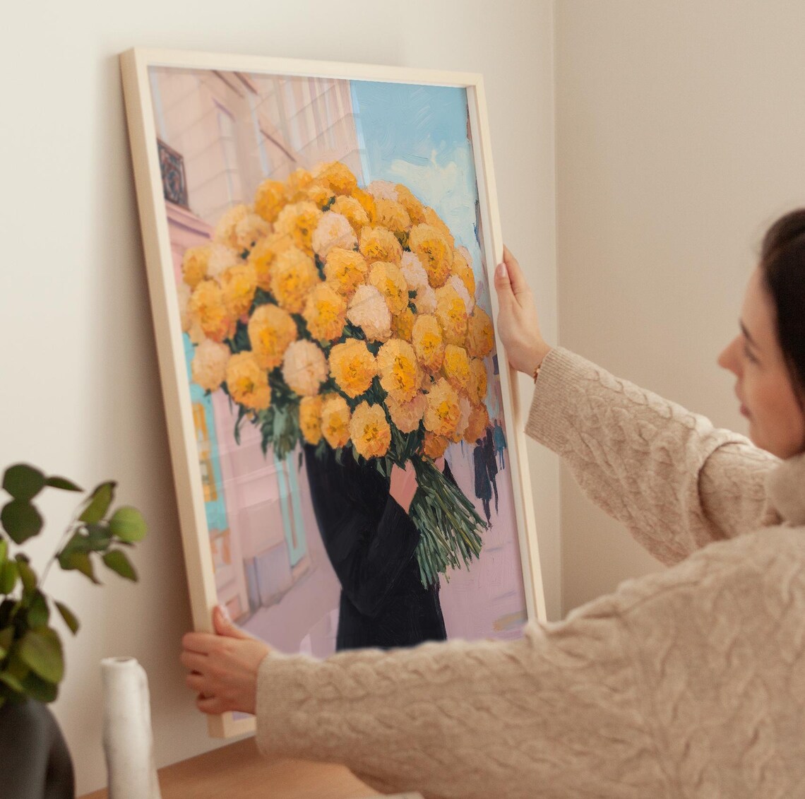 Giant Yellow Marigold Bouquet Carrier Street Scene Floral Art Poster - Image 4