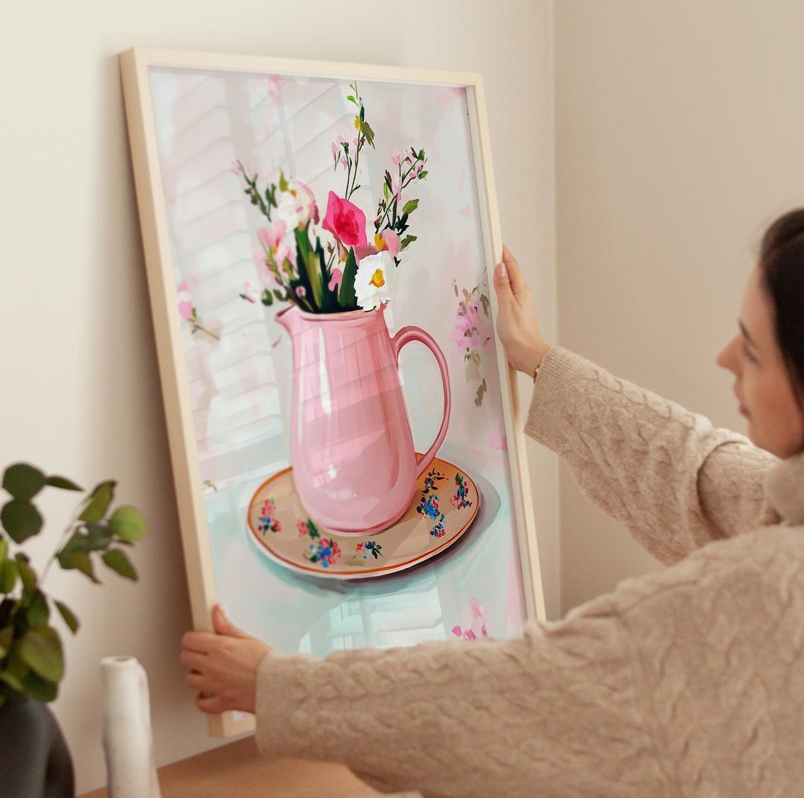 Pink Pitcher Wildflower Bouquet Cottage Floral Still Life Wall Poster - Image 4