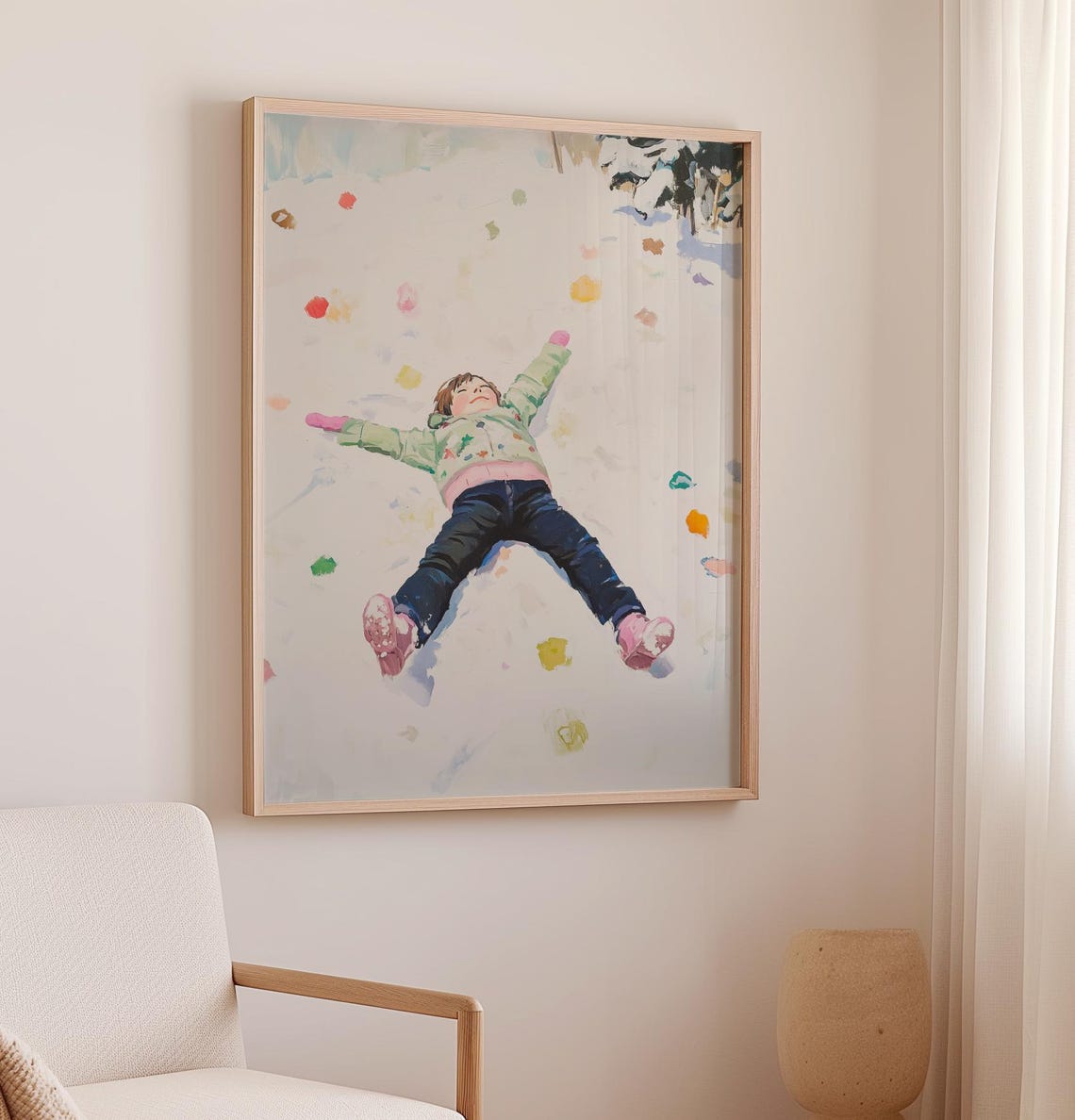 Child Making Snow Angel In Fresh Snow Winter Painting Art Poster - Image 2