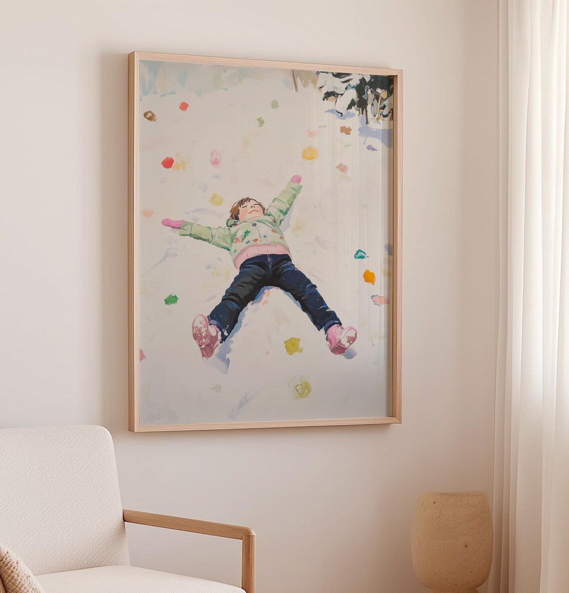 Holiday Kids Wall Art Girl Playing In Snow Print Christmas Kids Room Decor Winter Landscape Cozy Christmas Nursery Print - Image 2