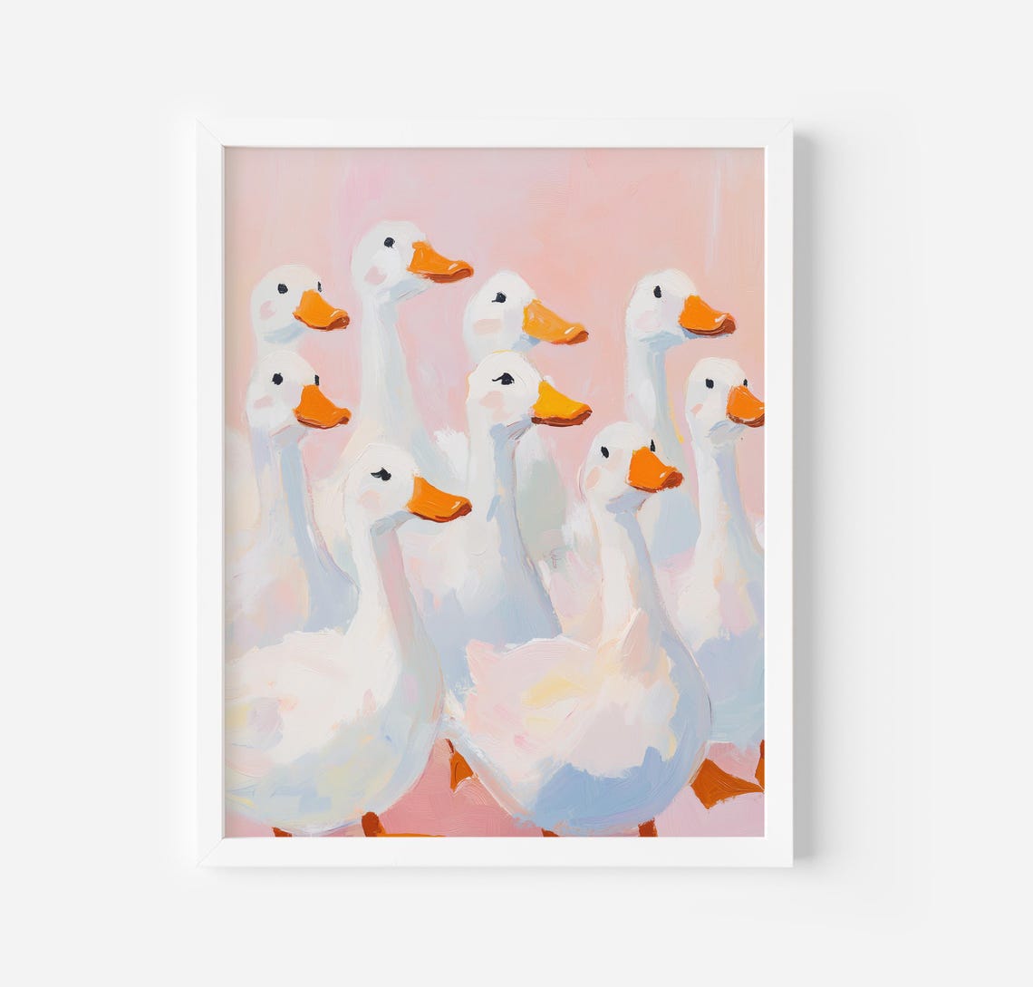 White Ducks On Pink Background Cute Farm Animal Nursery Art Poster
