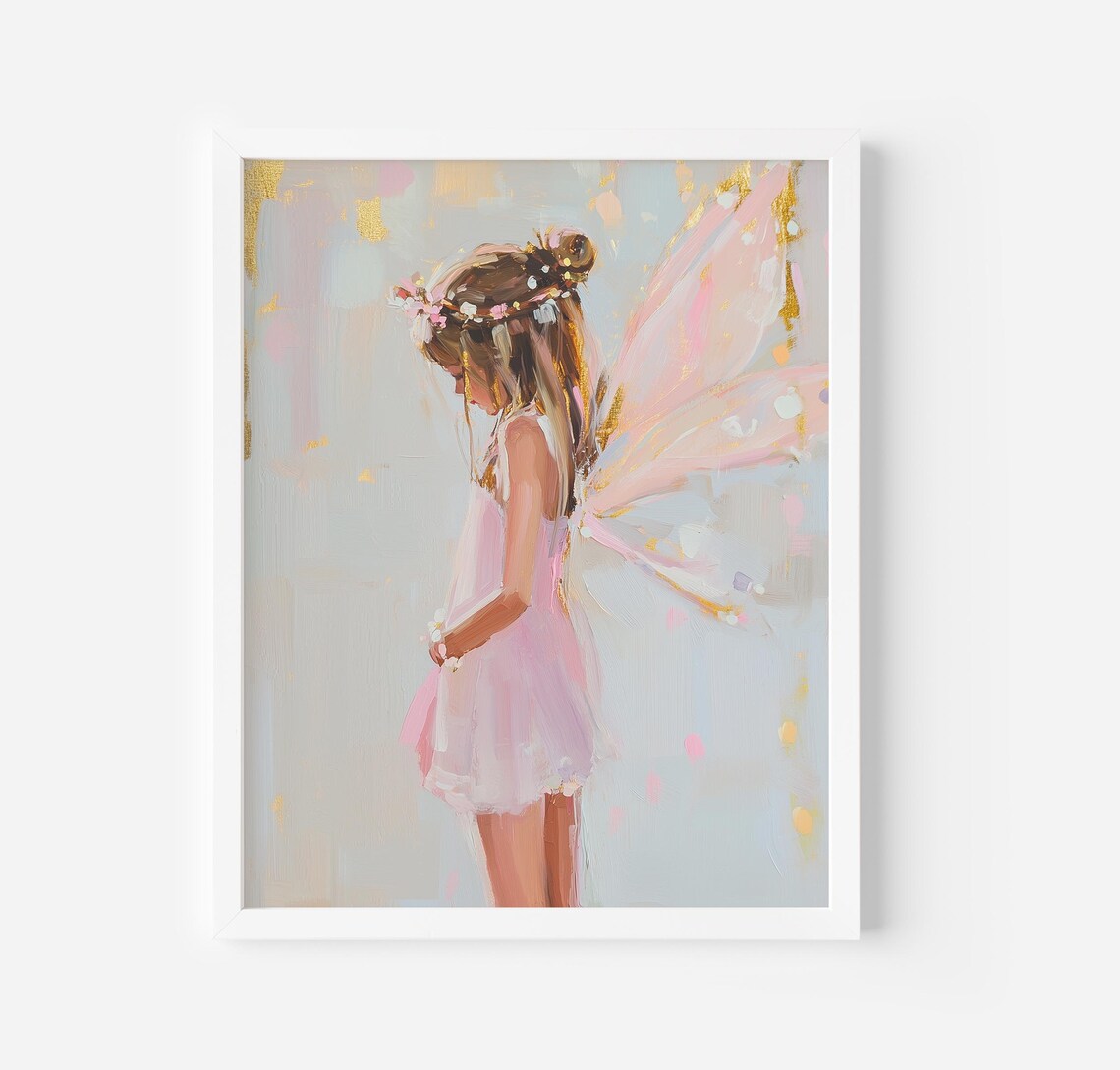 Little Fairy Girl in Pink Tulle Dress Pastel Wings Magical Nursery Poster - Image 4