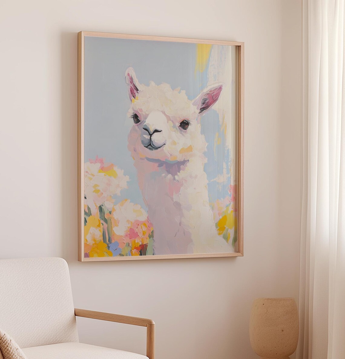 White Llama Portrait With Colorful Wildflowers Pastel Nursery Poster - Image 2