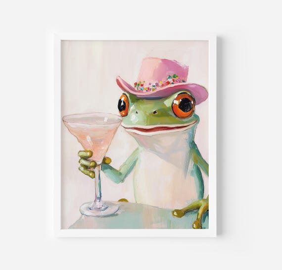 Frog With Cocktails Art Print Whimsical Frog Art Print Western Frog Wall Art Festive Home Decor Pink Preppy Room Decor Fun Frog Decor