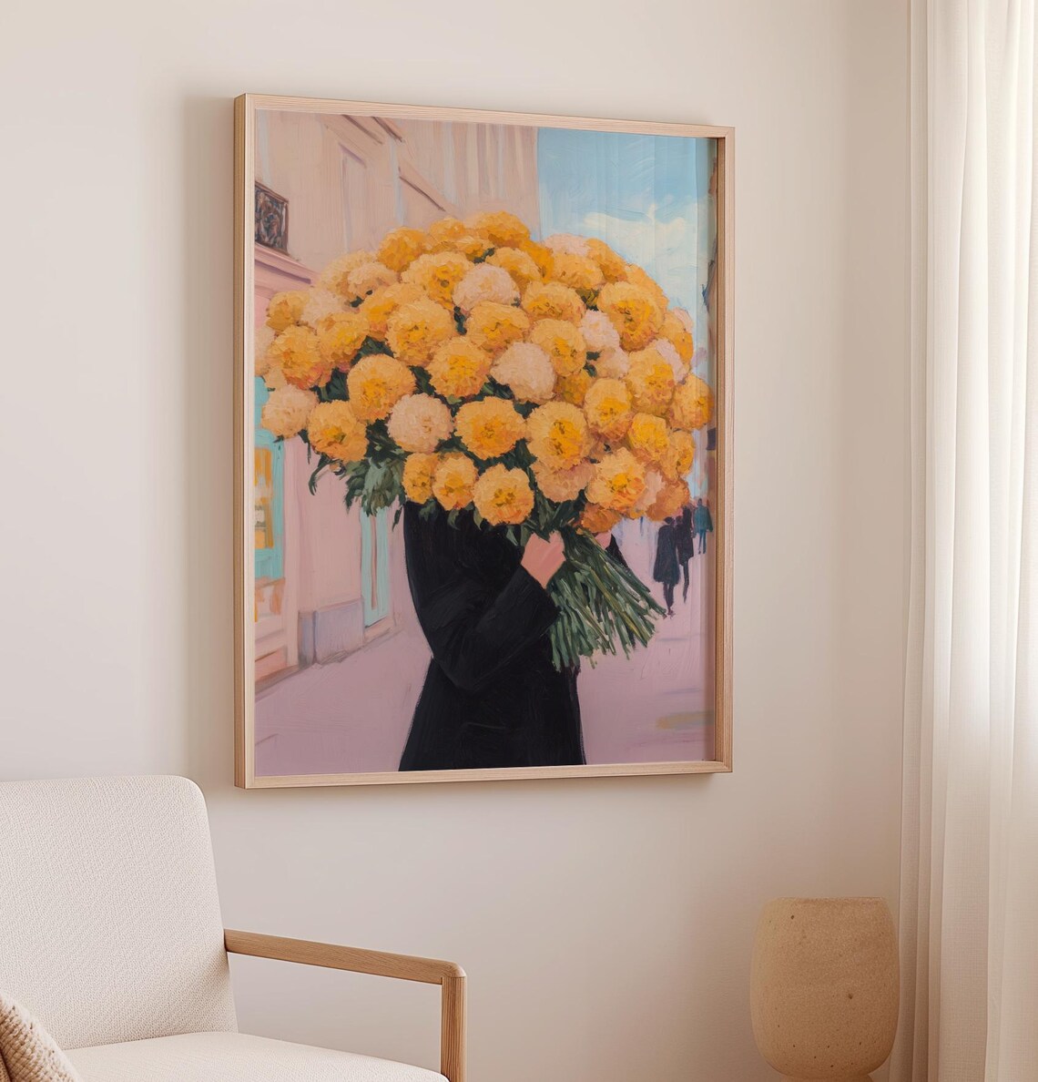 Giant Yellow Marigold Bouquet Carrier Street Scene Floral Art Poster - Image 3