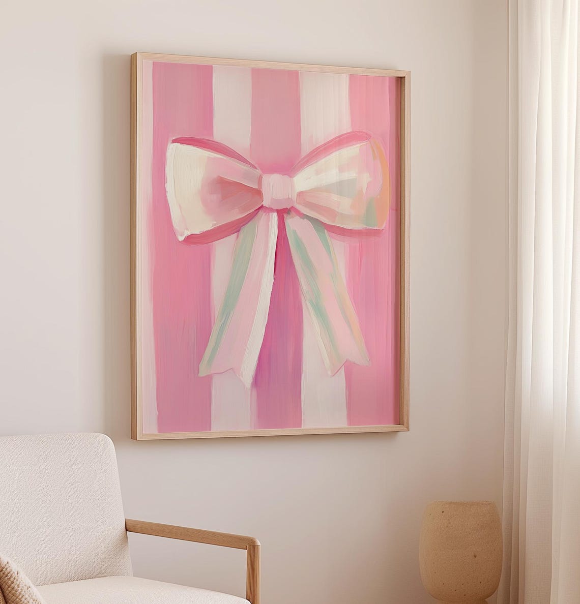 Large Pink Bow On Striped Pink Background Coquette Art Poster - Image 2