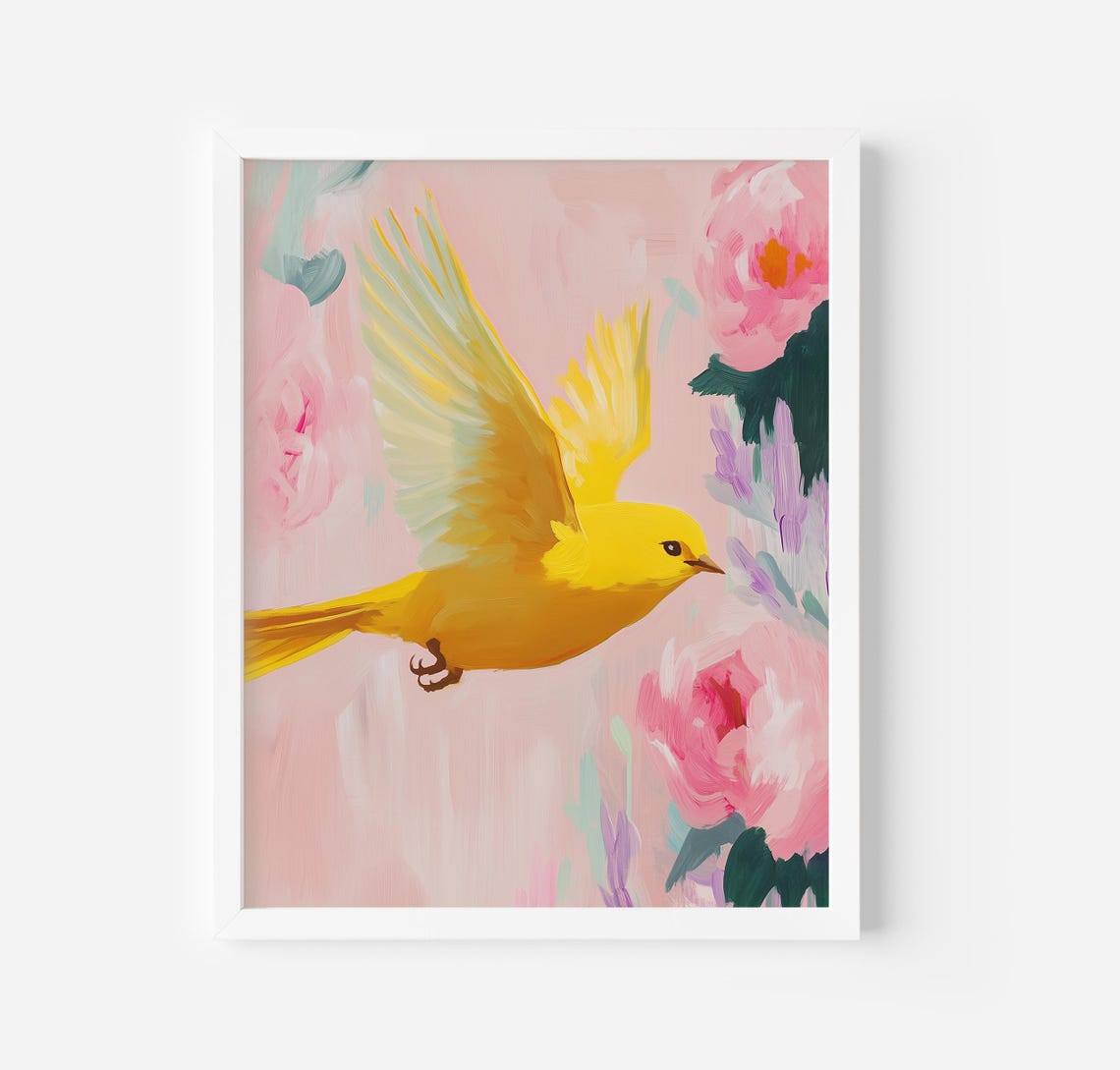 Yellow Songbird Flying Among Pink Flowers Vibrant Nature Art Poster