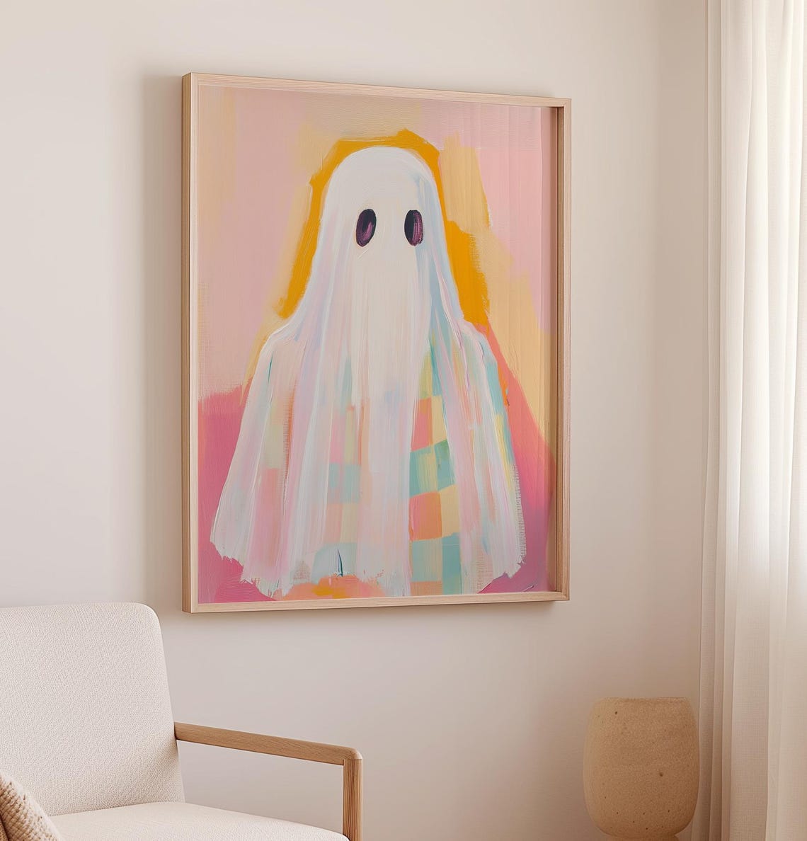 Sheet Ghost With Rainbow Plaid Peeking Out Pastel Halloween Poster - Image 2