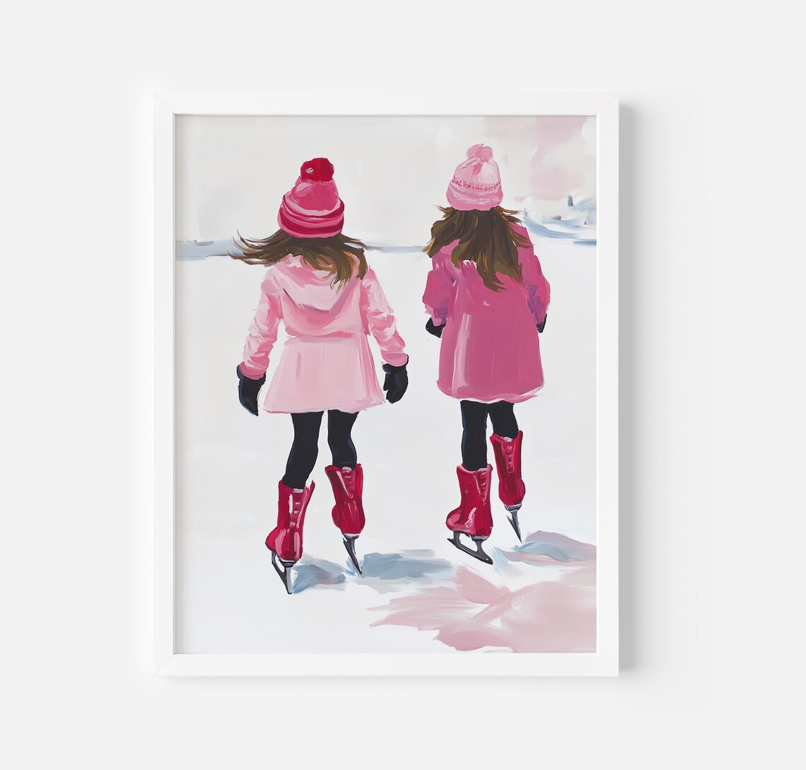 Pink Ice Skater Girls Art Print, Winter Christmas