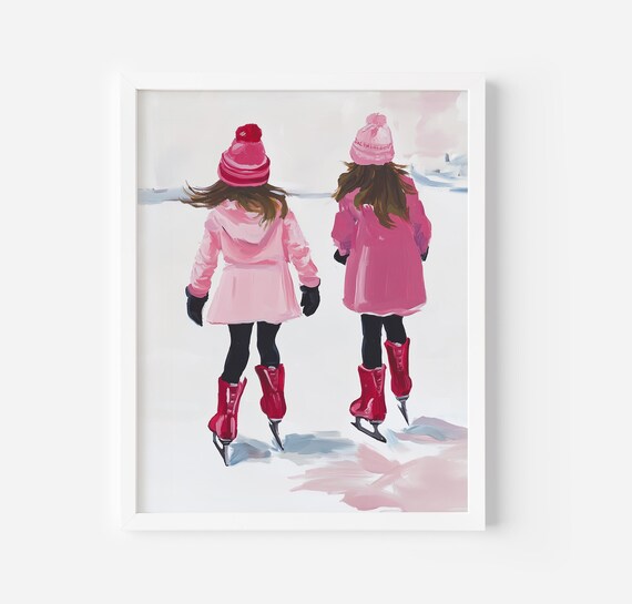 Pink Ice Skater Girls Art Print, Winter Christmas
