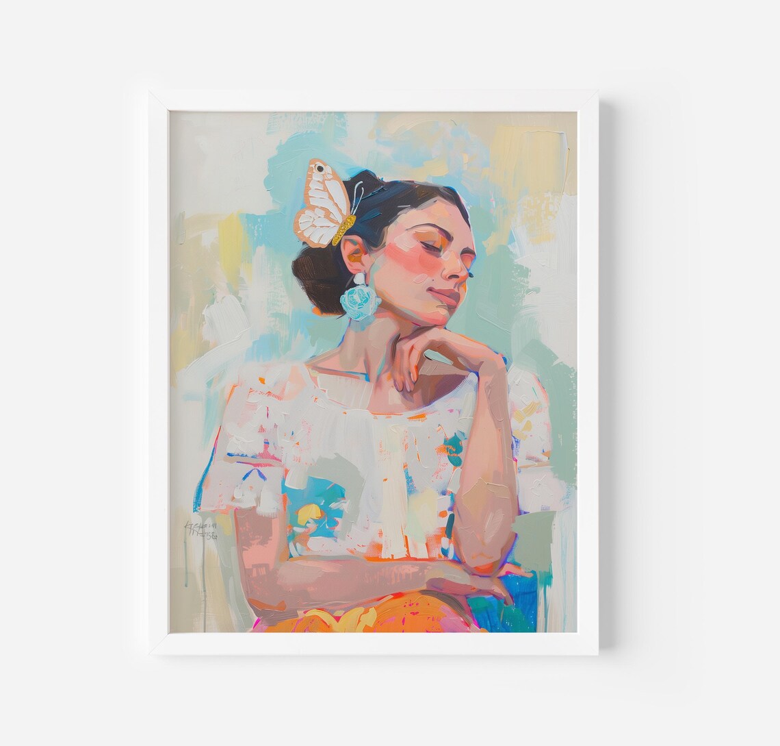 Dreamy Woman Portrait With Butterfly Soft Pastel Floral Art Poster