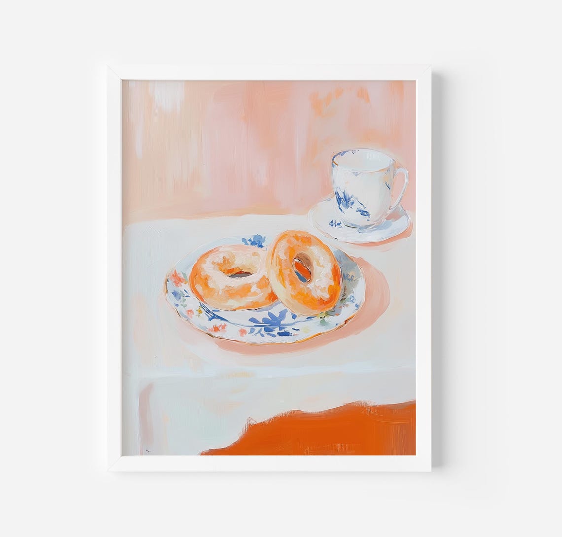 Bagels And Tea On Floral Plate Pastel Breakfast Still Life Poster