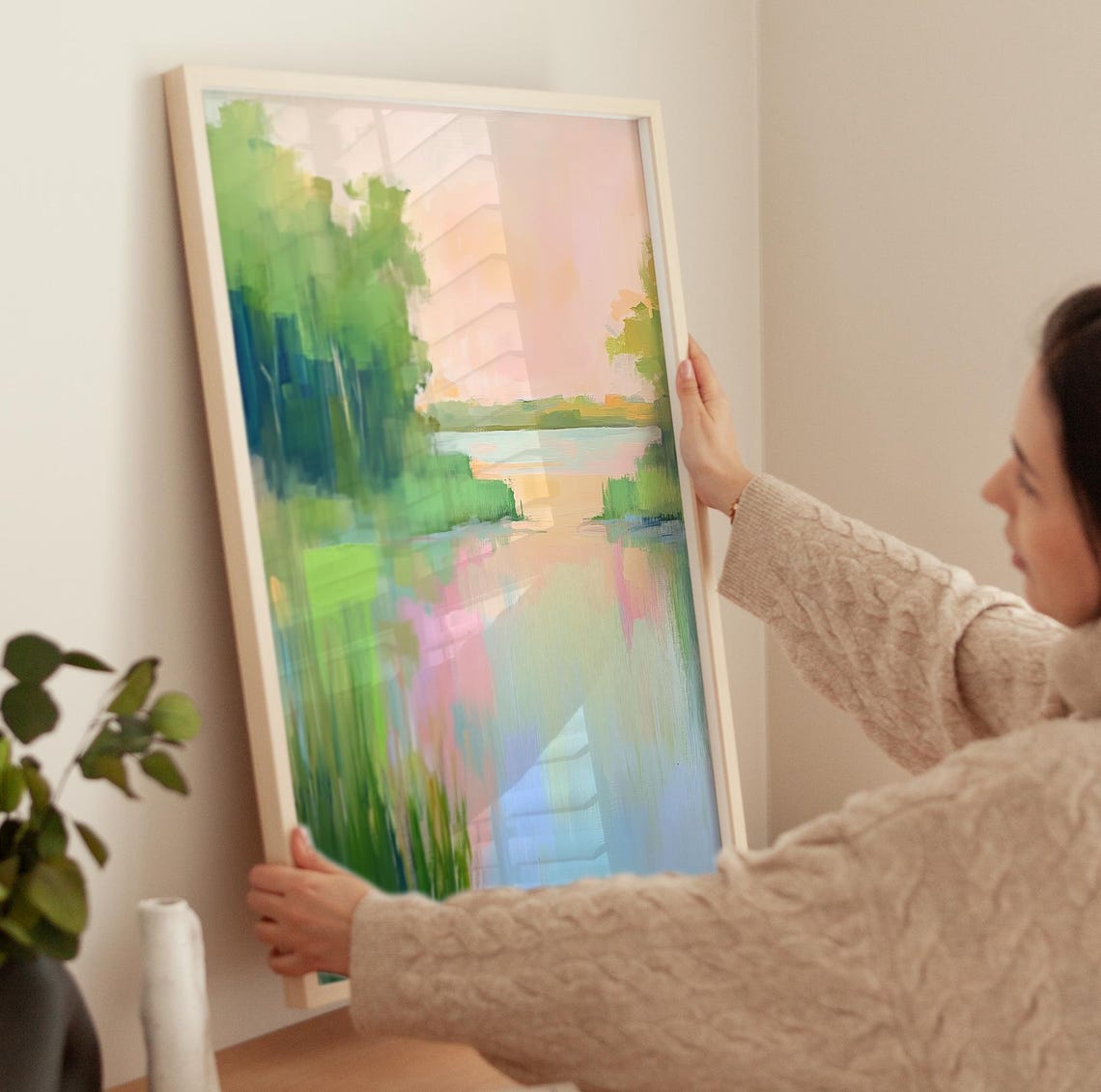 Pastel Lake Sunset Reflections Green Trees Landscape Art Poster - Image 3
