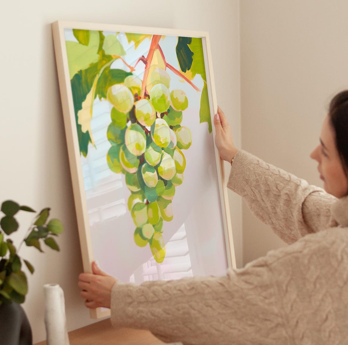 Sunny Fresh Green Grapes On Vine Pastel Kitchen Still Life Poster - Image 3