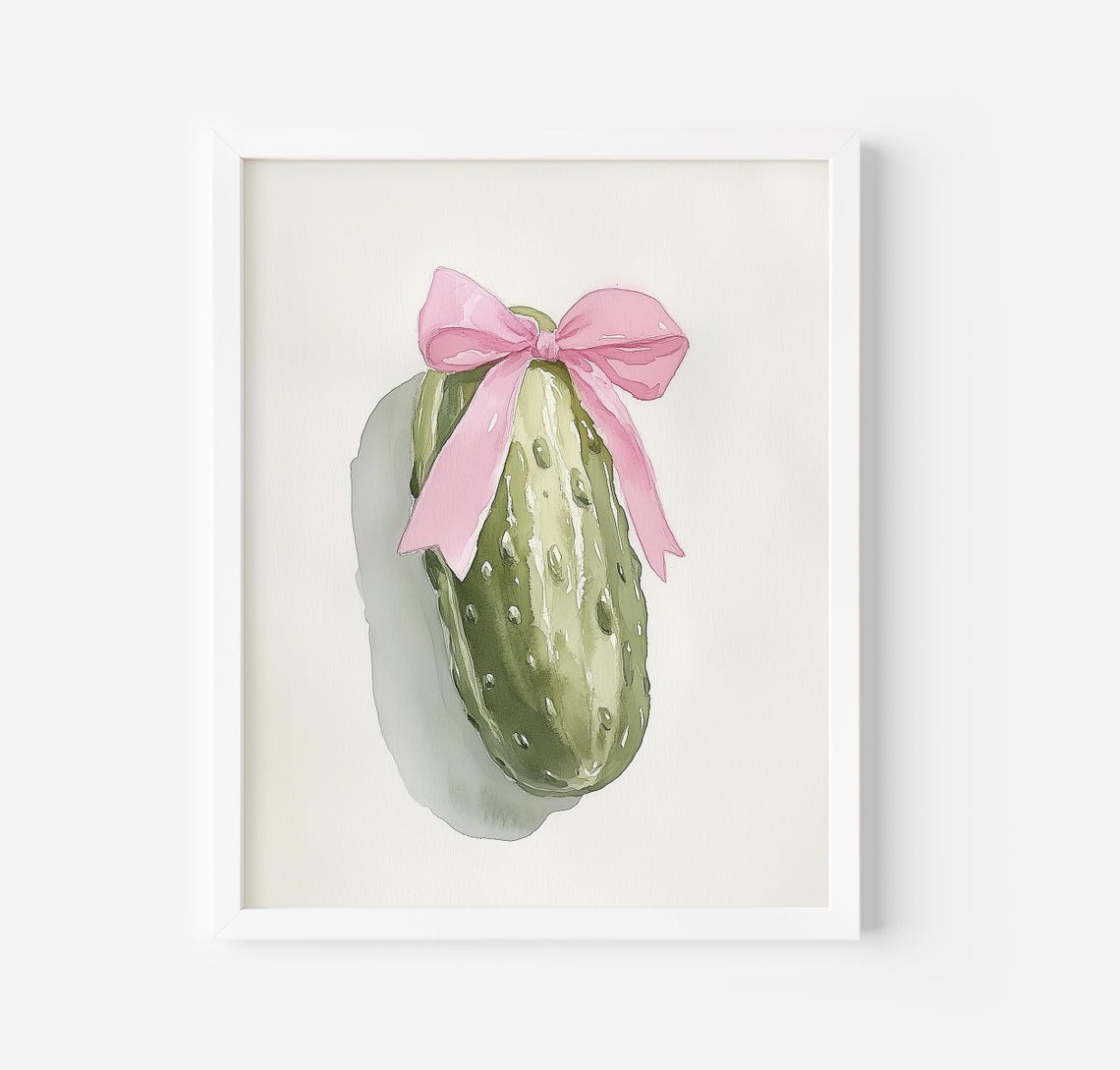 Dill Pickle With Pink Bow Quirky Watercolor Kitchen Art Poster
