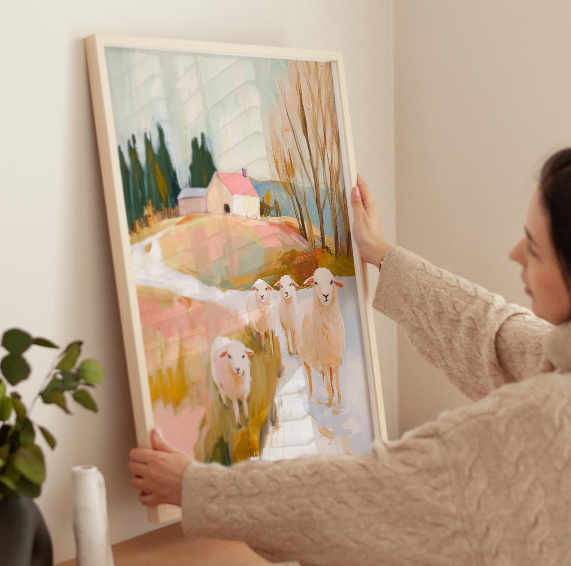 Four Sheep Grazing by Pink Barn Rustic Farmhouse Field Poster - Image 3