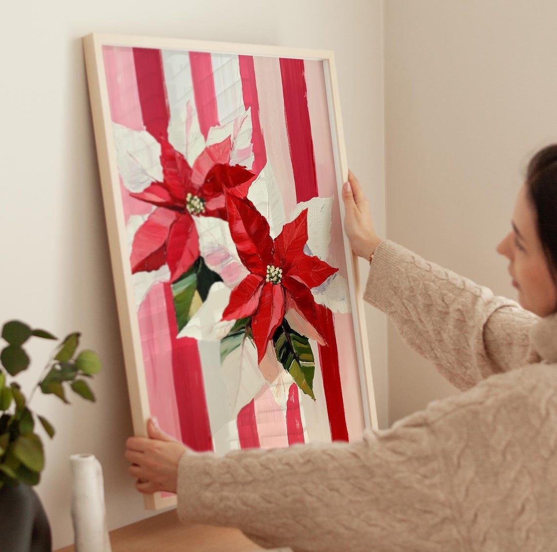 Vintage Floral Christmas Art Print Poinsettias Winter Red And Pink Flower Painting Festive Holiday Decor Seasonal Christmas Art - Image 3