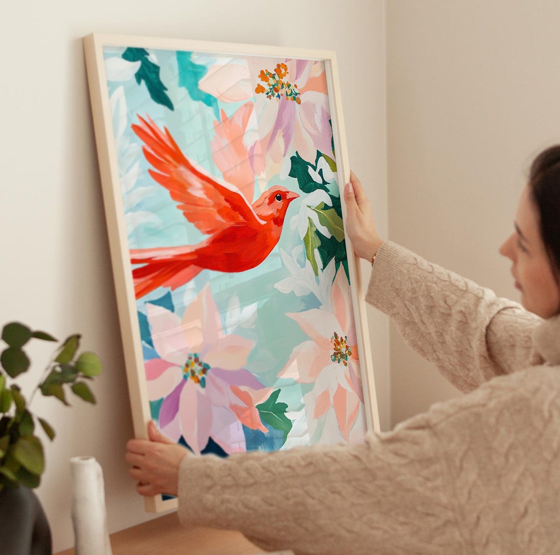Red Bird Flying Through Pink Flowers Floral Wildlife Painting Poster - Image 3