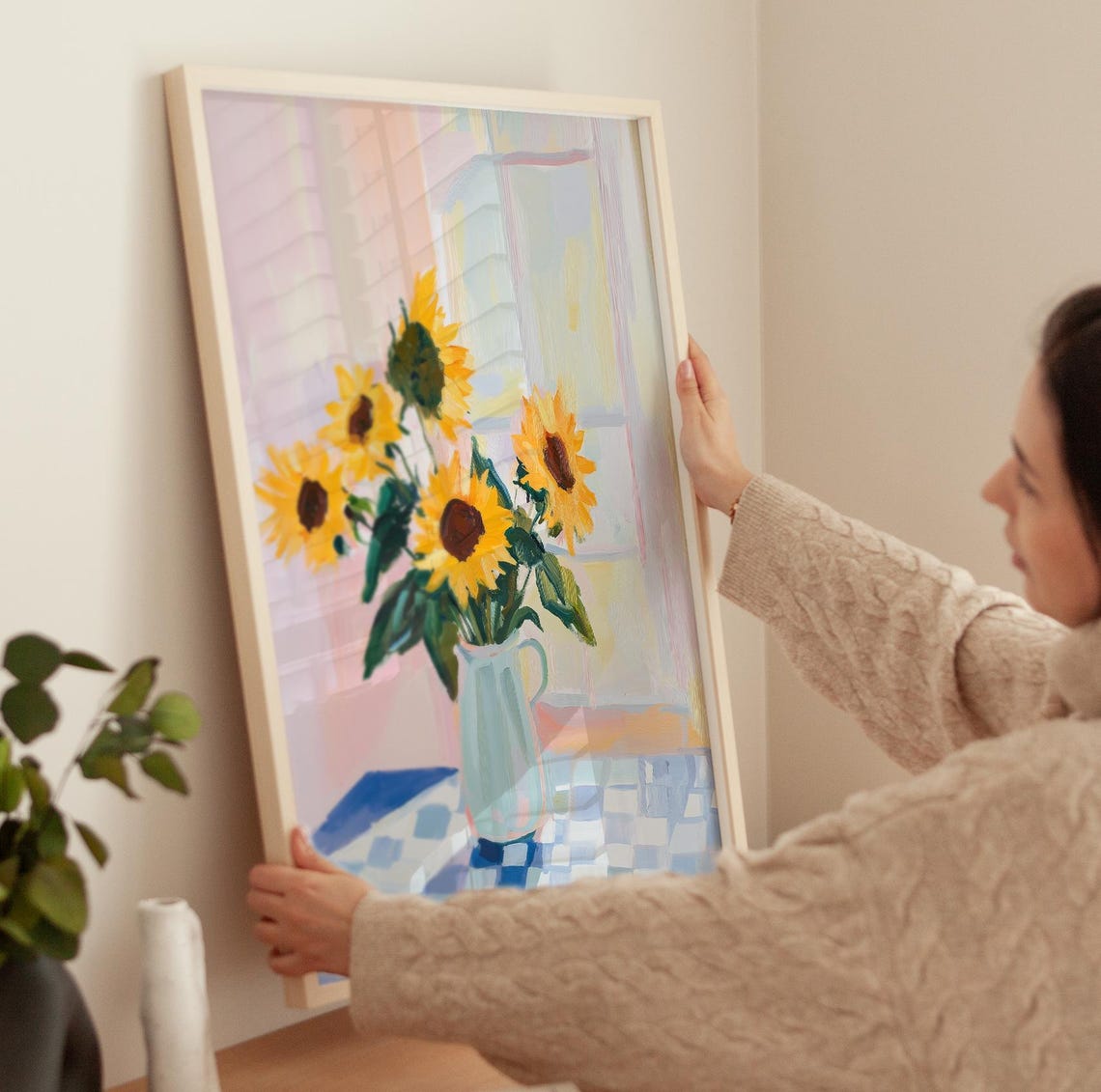 Sunflowers In Blue Pitcher Checkered Table Summer Floral Poster - Image 3
