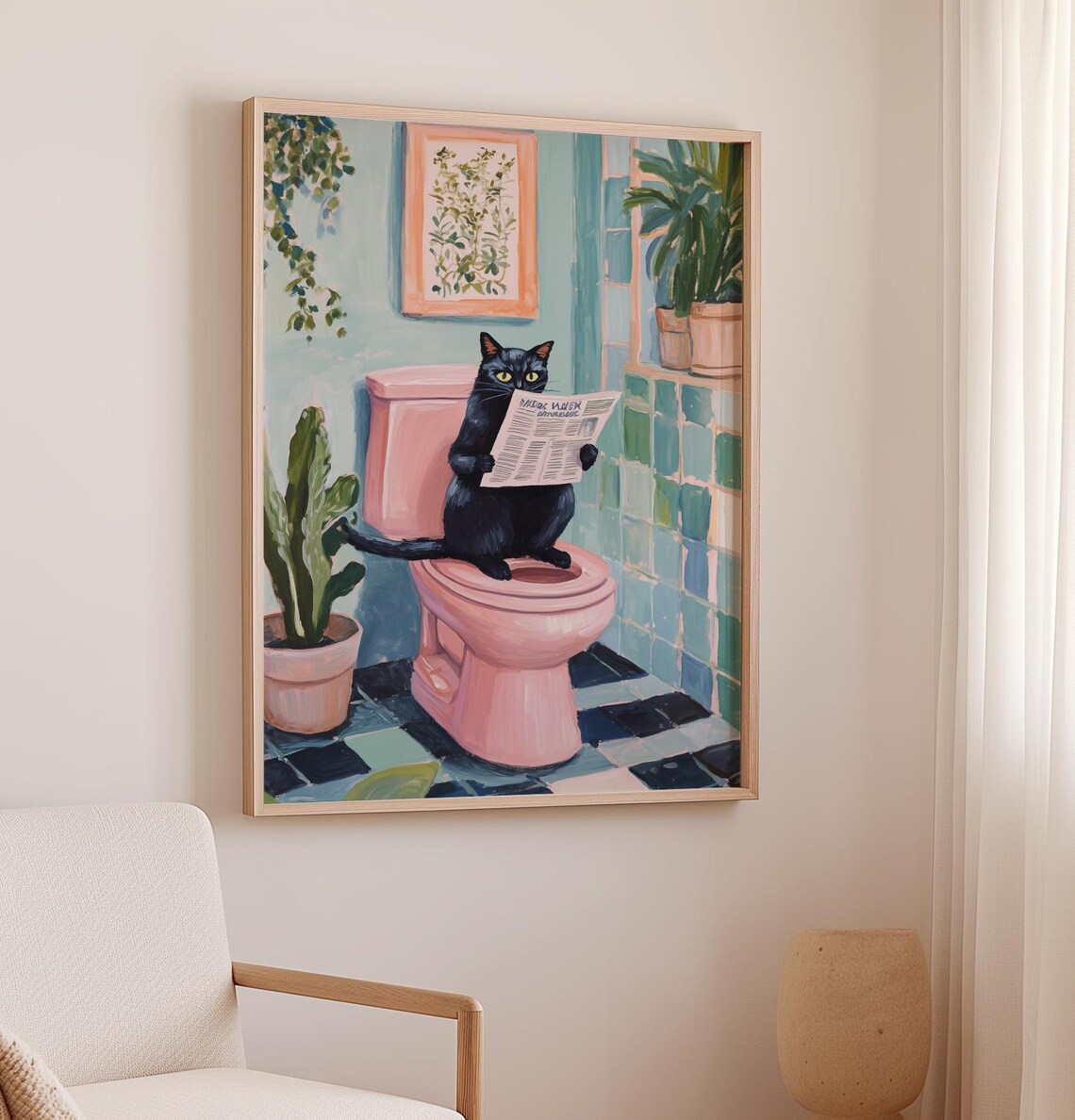 Black Cat on Toilet Bathroom Wall Art Print, Maximalist - Image 3