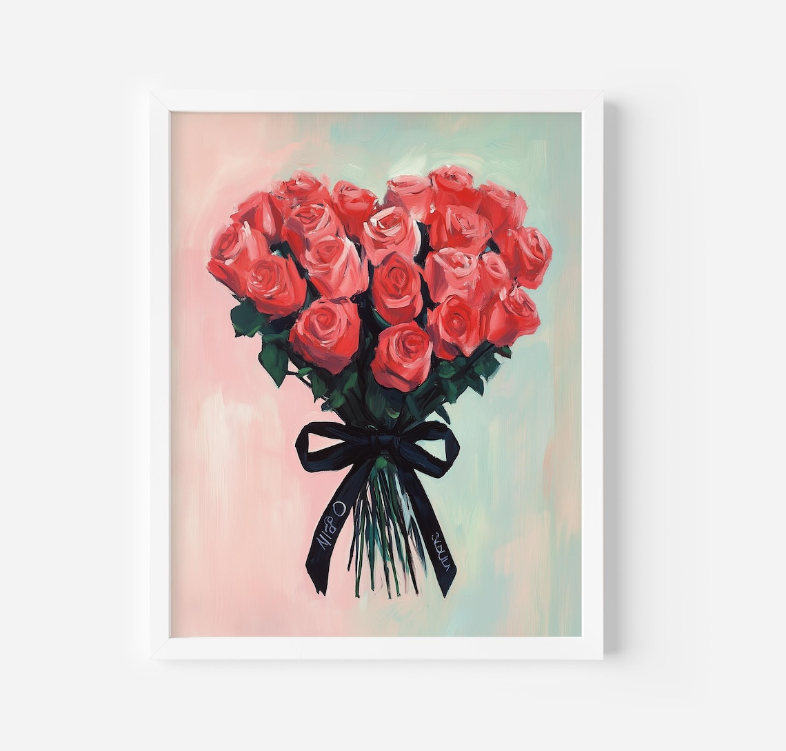 Pink Roses Bouquet Black Ribbon Bow Romantic Floral Gift Wall Poster