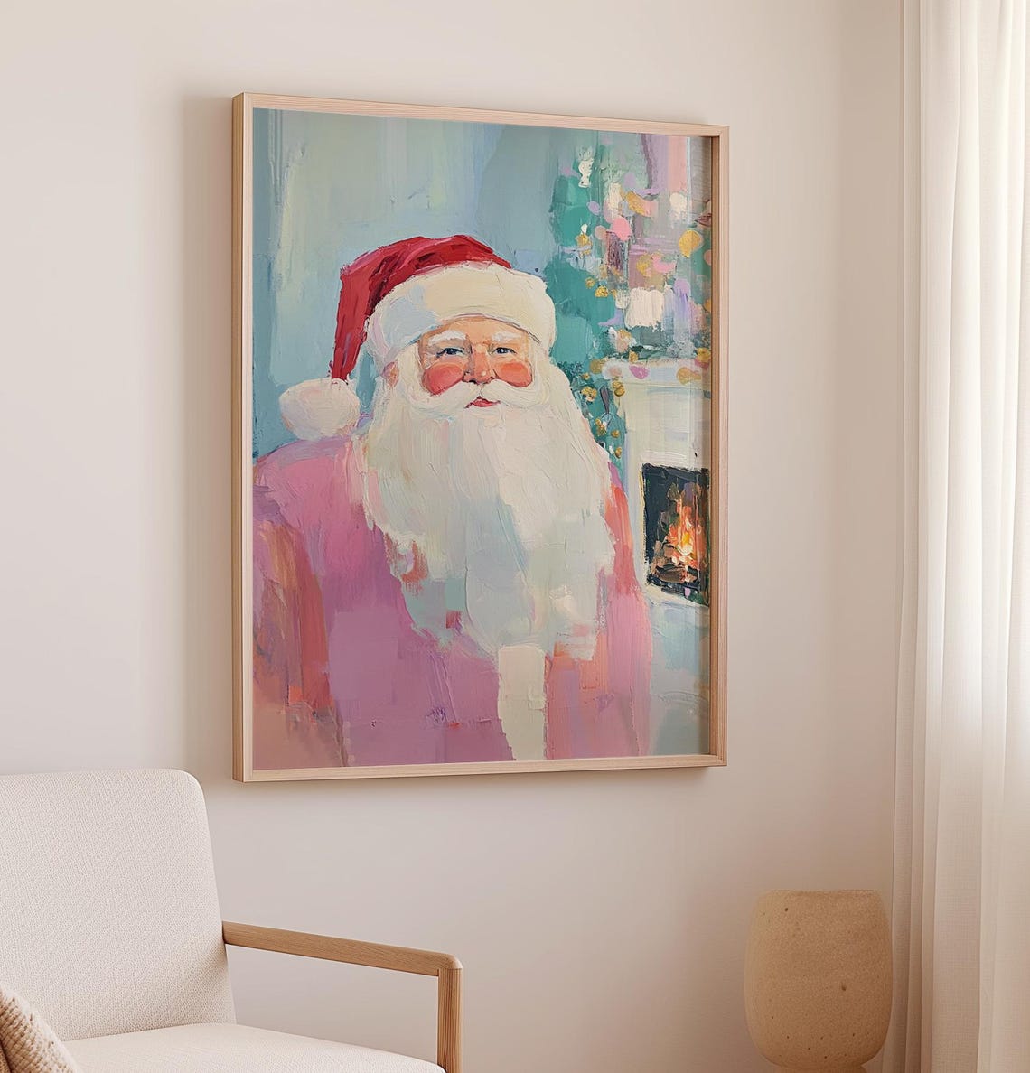 Pink Pastel Santa Claus Portrait Glowing By The Fireplace Poster - Image 2