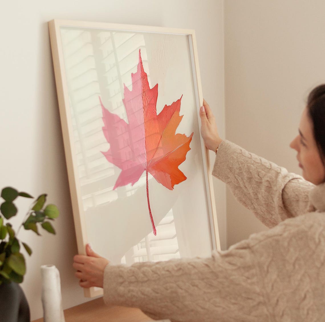 Single Pink Maple Leaf on Cream Minimalist Fall Botanical Decor Poster - Image 3
