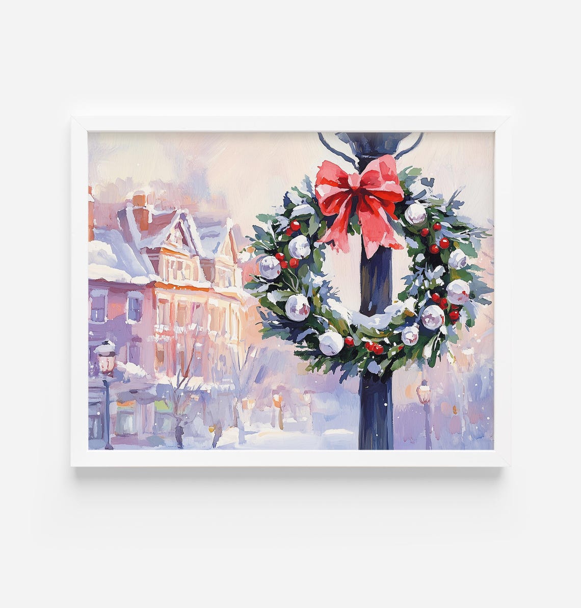 Christmas Wreath On Lamppost In Snowy Small Town Street Poster
