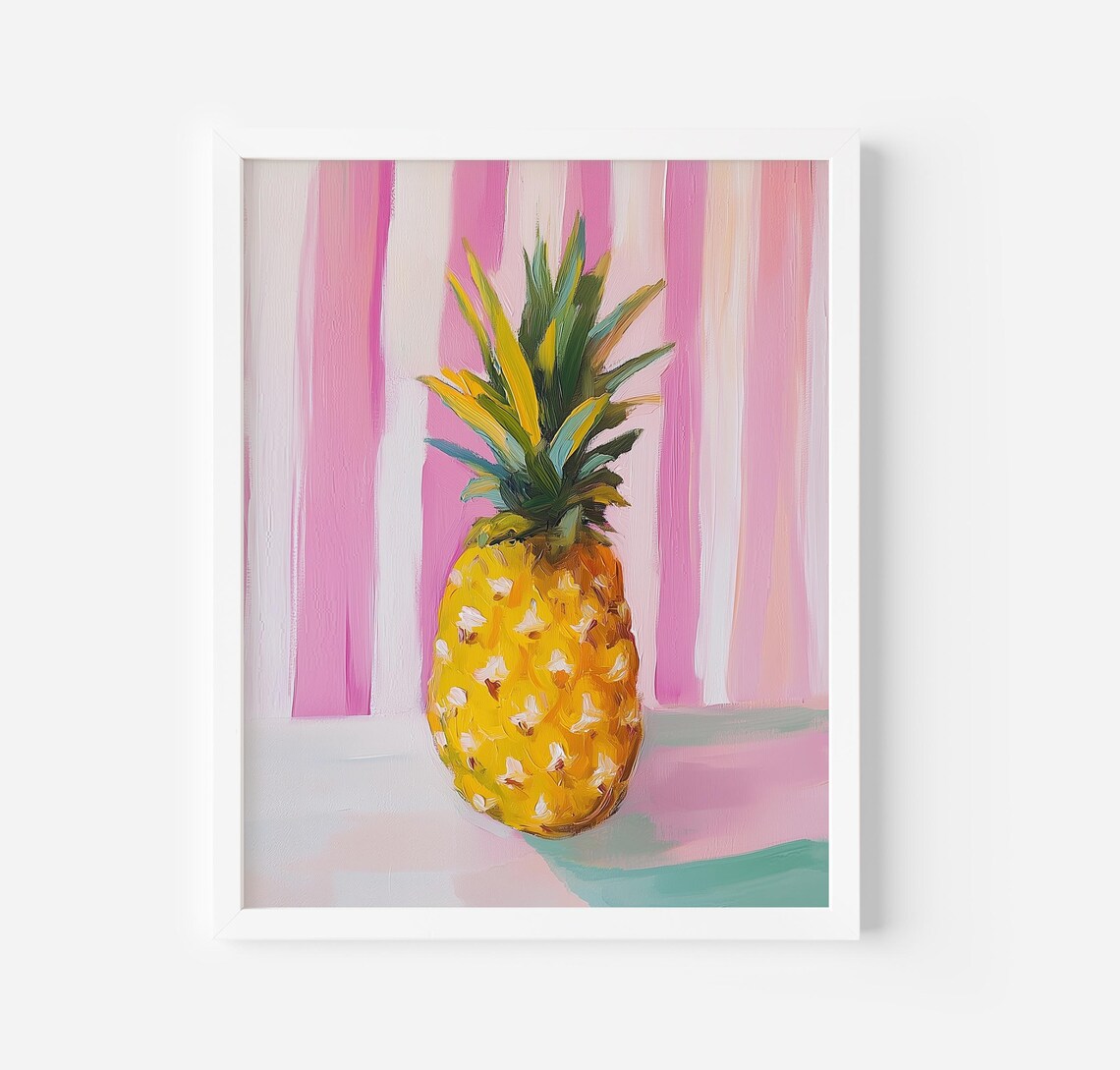 Golden Pineapple On Pink Striped Background Tropical Art Poster