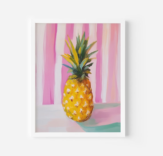 Pineapple Painting Tropical Fruit Wall Art Print Acrylic Painting Girly Kitchen Foodie Decor Trendy Still Life Decor