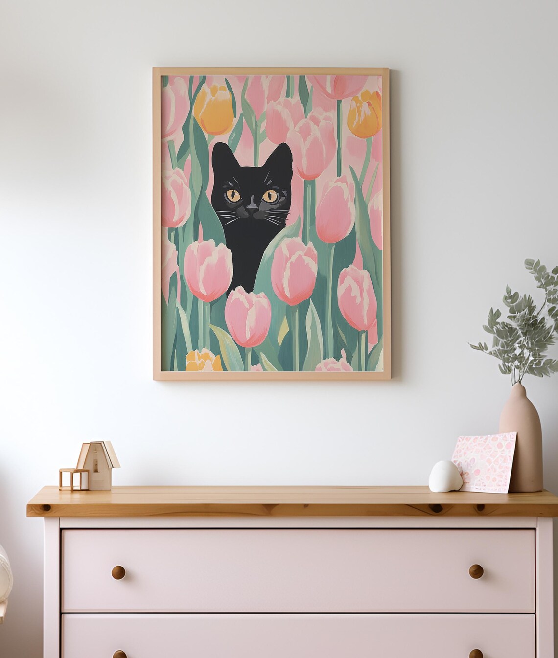Black Cat and Tulip Garden Trendy Cat Art Print - Image 2