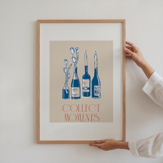 Collect Moments Print Blue Wine Bottles Tulips Candles Beige Kitchen Art