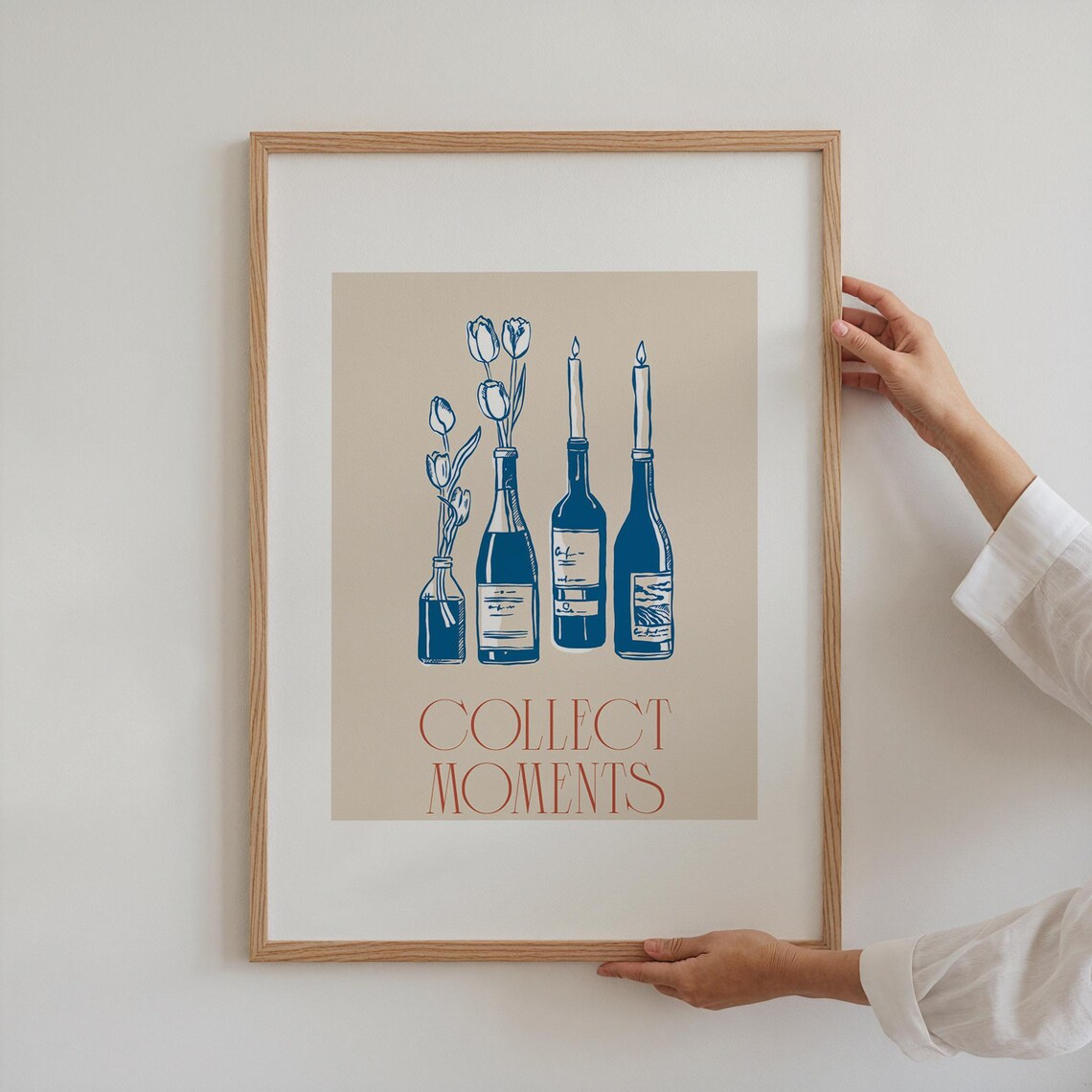 Collect Moments Print Blue Wine Bottles Tulips Candles Beige Kitchen Art