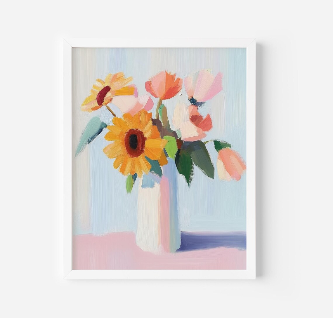 Sunflower Bouquet In White Vase Pastel Flower Painting Poster
