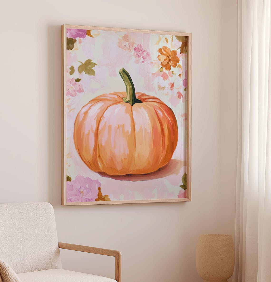 Pink Pumpkin on Floral Background Soft Autumn Fall Decor Art Poster - Image 2