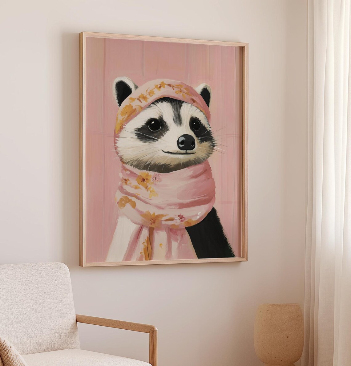 Raccoon In Pink Floral Babushka Whimsical Nursery Animal Poster - Image 2