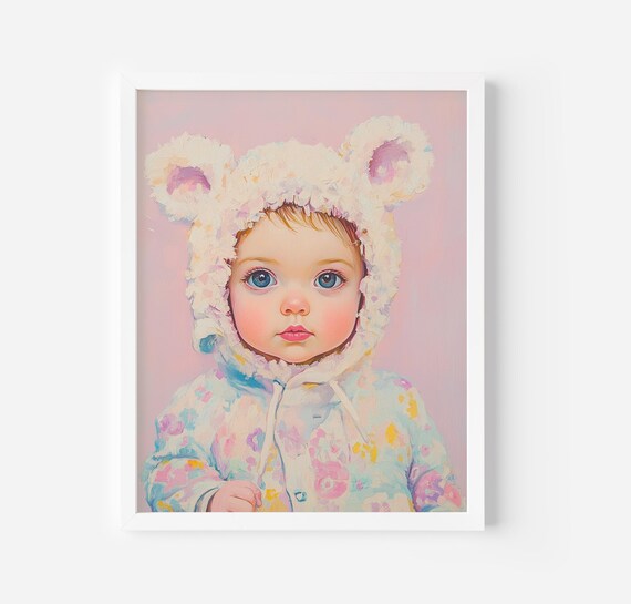 Cute Baby Painting Girl Nursery Wall Art Baby Bear Costume Trendy Art Art Toddler Room Wall Art