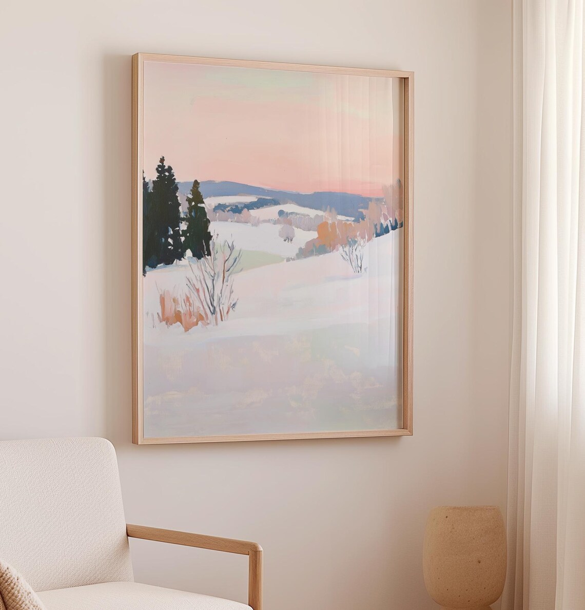 Dreamy Blush Pink Snowy Winter Landscape At Dusk Scenic Poster - Image 2