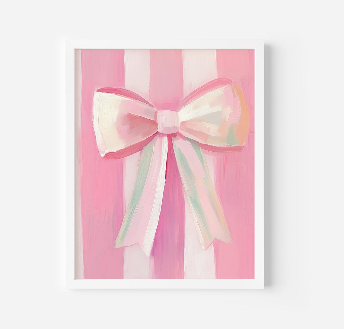 Large Pink Bow On Striped Pink Background Coquette Art Poster