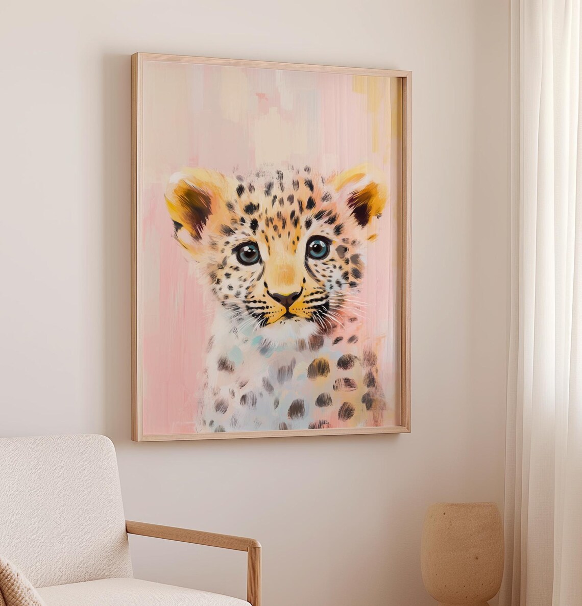 Adorable Baby Leopard Cub Big Eyes Sweet Pastel Safari Nursery Art Poster - Image 3