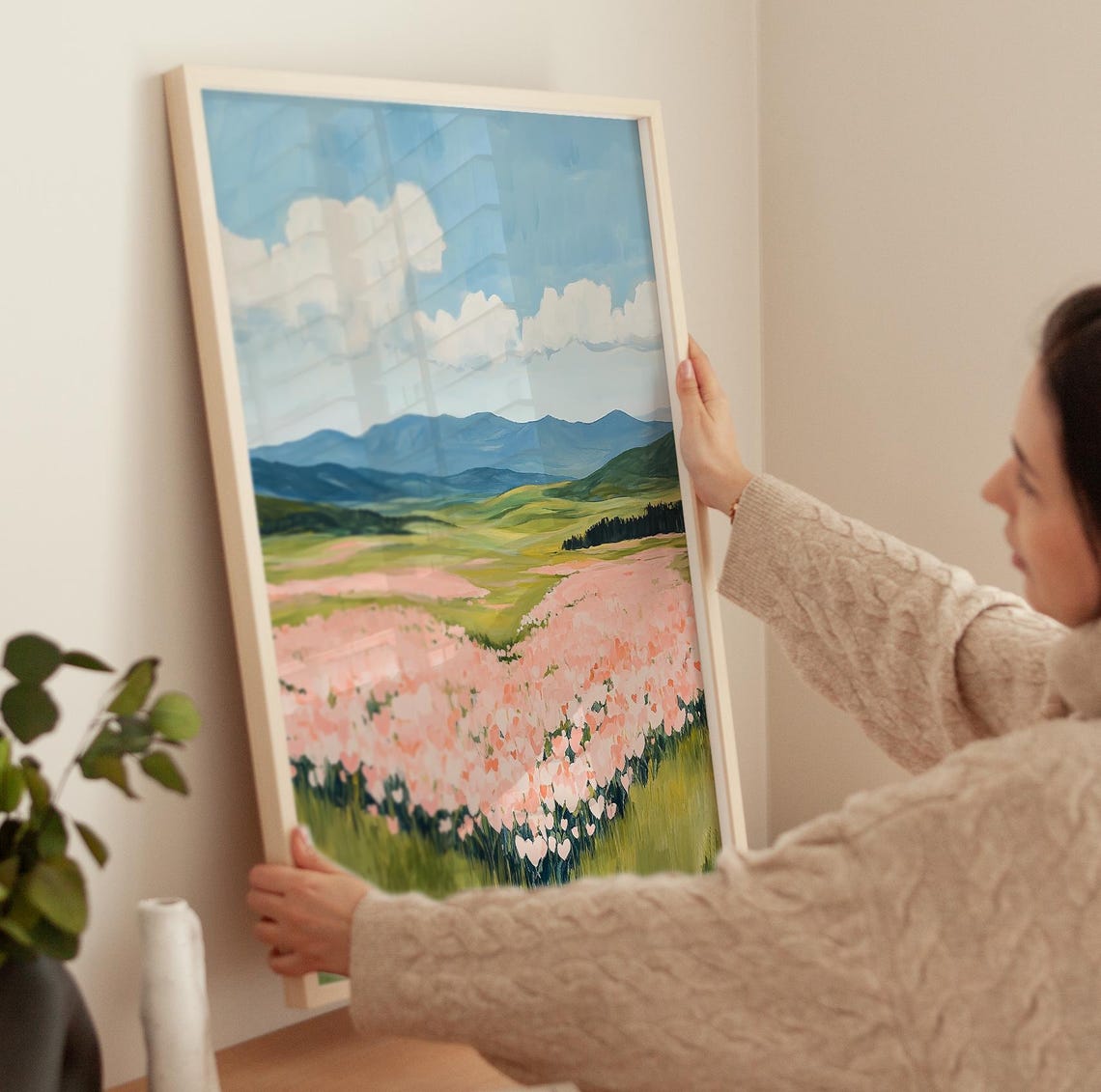 Pink Heart Flower Field With Mountain Valley View Art Poster - Image 4